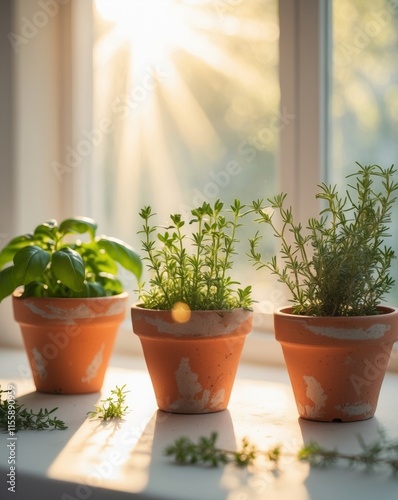 Three small pots of fresh herbs basking in warm sunlight on a windowsill create a vibrant and inviting indoor garden atmosphere photo