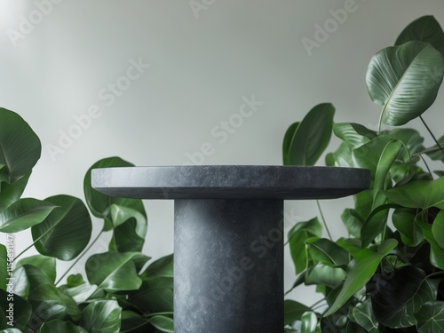 Premium Quality Visual of Stone Pedestal Surrounded by Lush Green Foliage for Natural Display photo