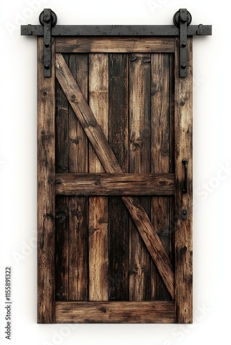 Rustic Reclaimed Wood Sliding Barn Door with Matte Black Metal Tracks for Modern Farmhouse Interiors on White Background