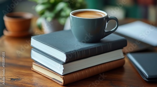 Cozy workspace with flowers, coffee, and books bathed in natural light