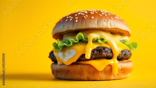 A cheeseburger with beef patty, lettuce, tomato, and onion, served on a sesame bun, isolated on a yellow background photo