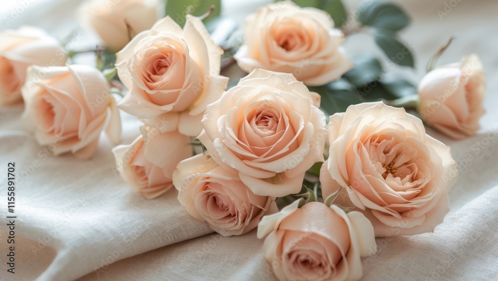 Delicate roses in soft peach hues arranged on beige linen tablecloth evoke elegance and tranquility Delicate roses in soft peach hues arranged on beige linen tablecloth evoke elegance and tranquility