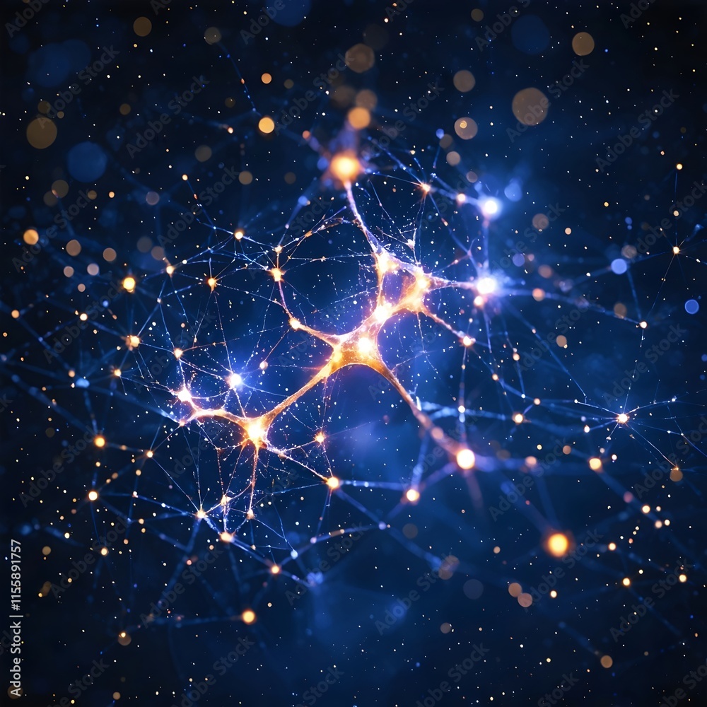 Fototapeta premium Glowing Neural Web Superimposed on Starry Night Sky, Representing the Universe's Connectivity and Digital Integration
