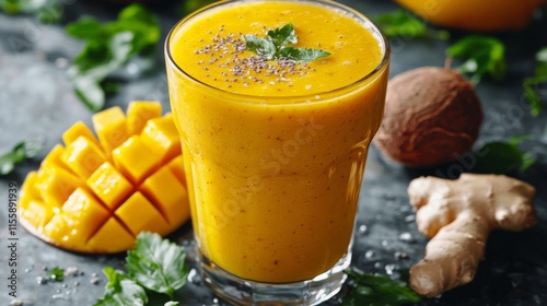 Refreshing mango smoothie with mint and ginger on dark background