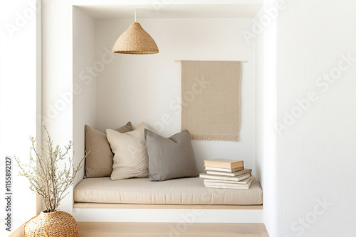 Gemütliche Leseecke mit eingebauter Bank und minimalistischer Dekoration aus Bast, Leinenstoffen und Kissen - Urlaubsfeeling