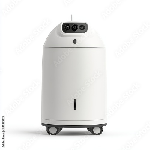 Futuristic Robotic Security Guard with 360-Degree Surveillance, Motion Detection, and Alarm System on White Background photo