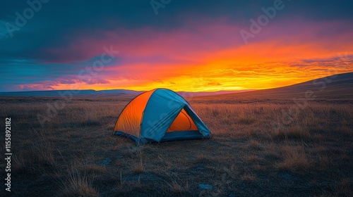 Bright yellow tent stands alone at sunset on a vast open landscape