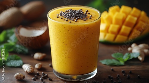 Refreshing mango smoothie with mint and ginger on dark background