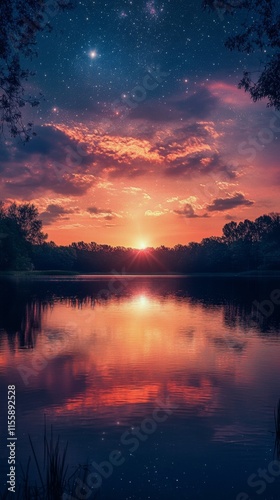 Sunset over lake reflecting vibrant colors with silhouettes of trees and star...