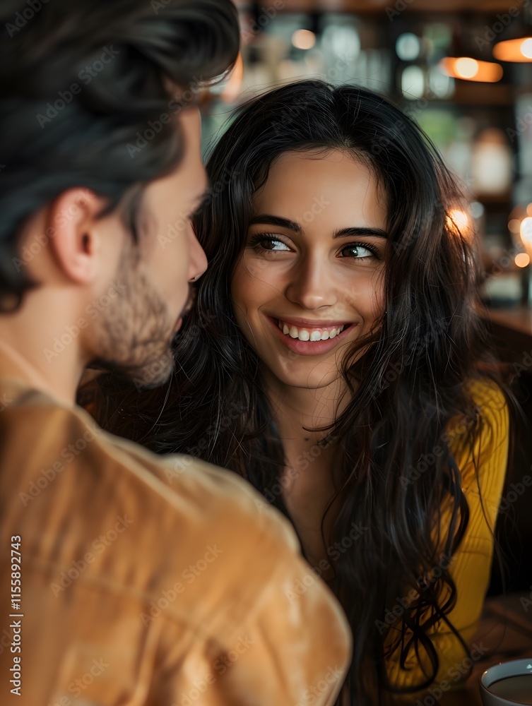 Intimate conversation between a young couple at a cozy cafe, showcasing joy and connection amid soft lighting and a vibrant atmosphere. Intimate conversation between a young couple at a cozy cafe, showcasing joy and connection amid soft lighting and a vibrant atmosphere.