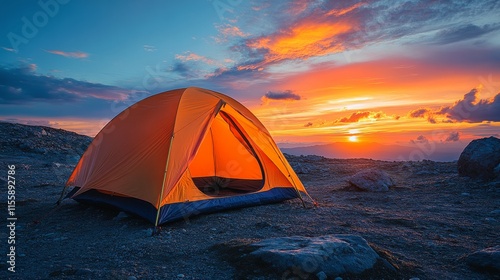 Bright yellow tent stands alone at sunset on a vast open landscape