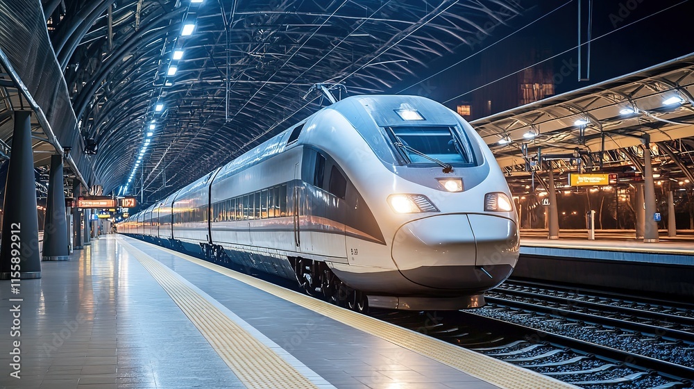 Fototapeta premium Sleek high-speed train awaits departure at modern illuminated st