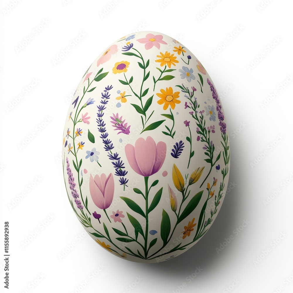 Delicate Hand-Painted Porcelain Easter Egg with Floral Wreath Design on White Background, Photorealistic Decor Delicate Hand-Painted Porcelain Easter Egg with Floral Wreath Design on White Background, Photorealistic Decor