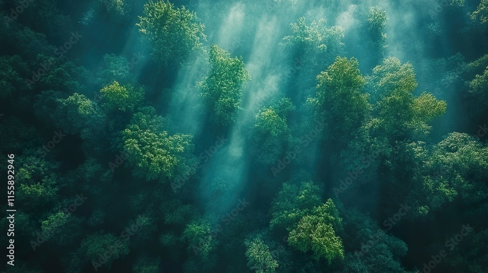 Naklejka premium Misty Forest: An Aerial View of Lush Greenery