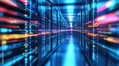 High-speed data transmission in modern server corridor with neon effects : Generative AI
