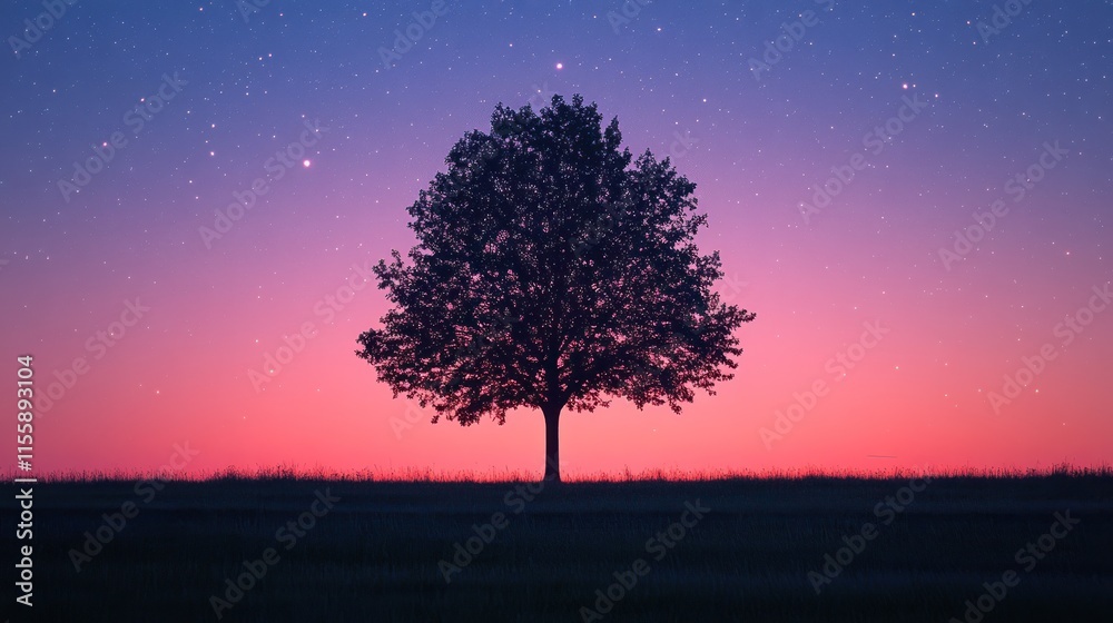 Solitary tree silhouetted against a vibrant twilight sky. Solitary tree silhouetted against a vibrant twilight sky.