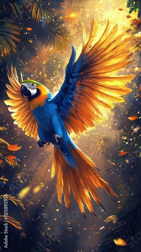 Colorful macaw flying against a vibrant abstract background with splashes of ...