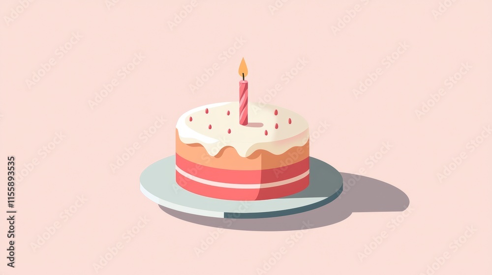 Birthday cake with a single candle, representing small but special personal milestones. Flat illustration. Birthday cake with a single candle, representing small but special personal milestones. Flat illustration.