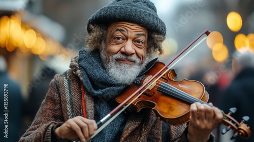 Musician playing violin in busy city street during winter while smiling at pa...