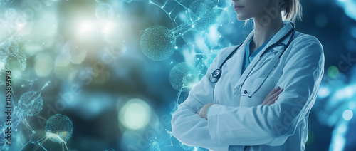 A confident doctor with arms crossed, set against a futuristic molecular structure background. Ideal for health, science, or innovation themes.