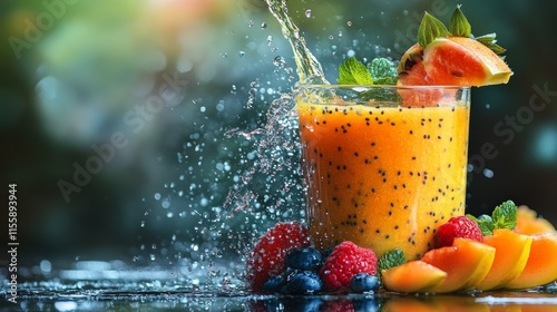 Refreshing tropical drink with fruit splash on a vibrant background in bright...