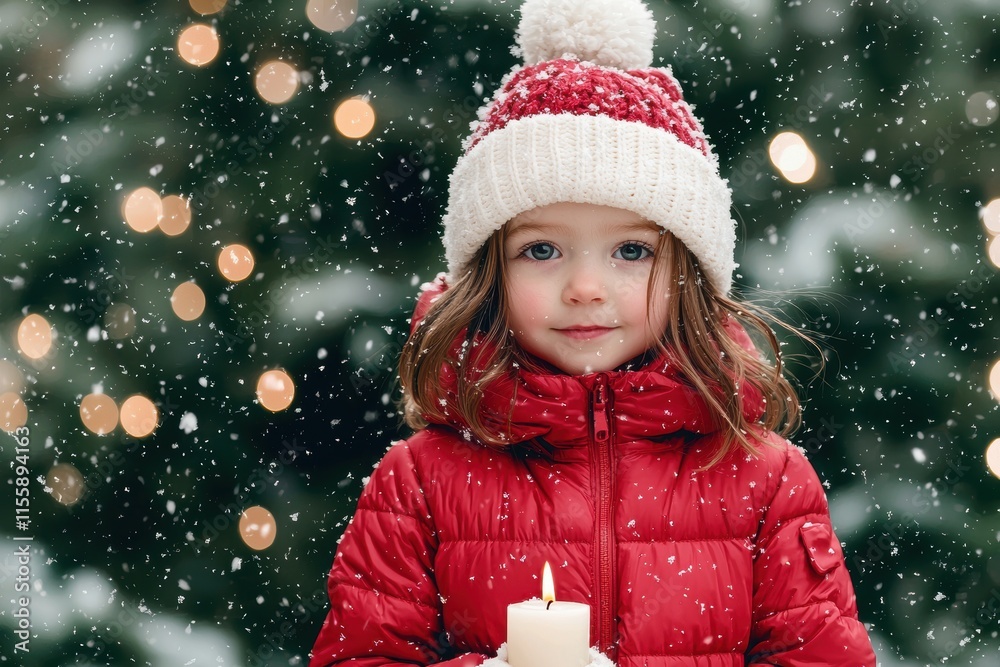 Child Holding Candle in Snowy Winter Scene with Snowfall Child Holding Candle in Snowy Winter Scene with Snowfall