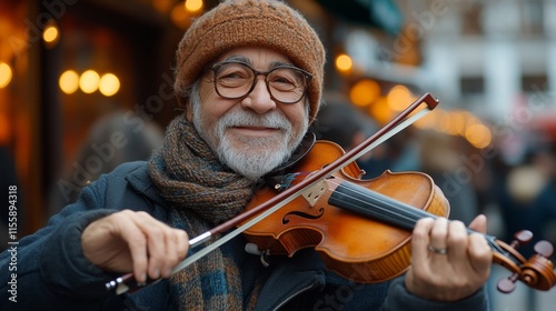 Musician playing violin in busy city street during winter while smiling at pa...