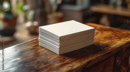 Blank business cards stacked on a wooden table in a cozy workspace during eve...