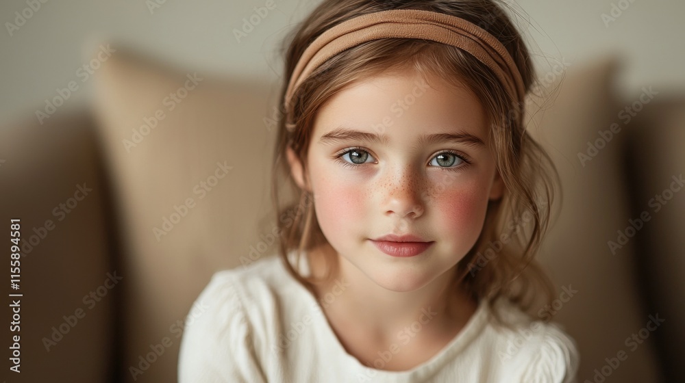 A young girl with a brown headband is sitting on a couch A young girl with a brown headband is sitting on a couch