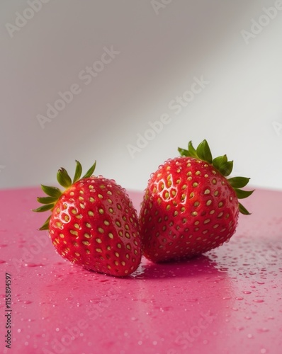Two ripe strawberries resting on vibrant pink surface with water droplets