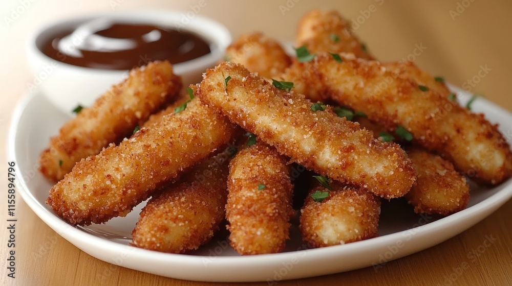 Crispy fried mozzarella sticks with dipping sauce. Crispy fried mozzarella sticks with dipping sauce.