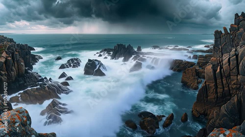 A videograph showcasing a vast expanse of water encircled by rocks, emphasizing the natural beauty of the landscape, Epic high altitude panorama of a stormy sea meeting a rocky coast photo