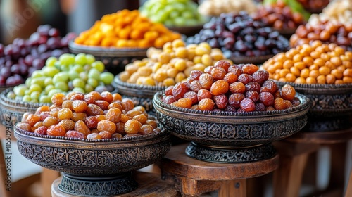 Colorful display of assorted nuts and dried fruits at a vibrant market stall ...