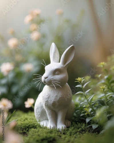 A cute white stone rabbit statue in the garden photo