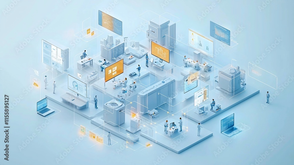 Isometric illustration of a connected digital workplace with people collaborating and data flowing. Isometric illustration of a connected digital workplace with people collaborating and data flowing.