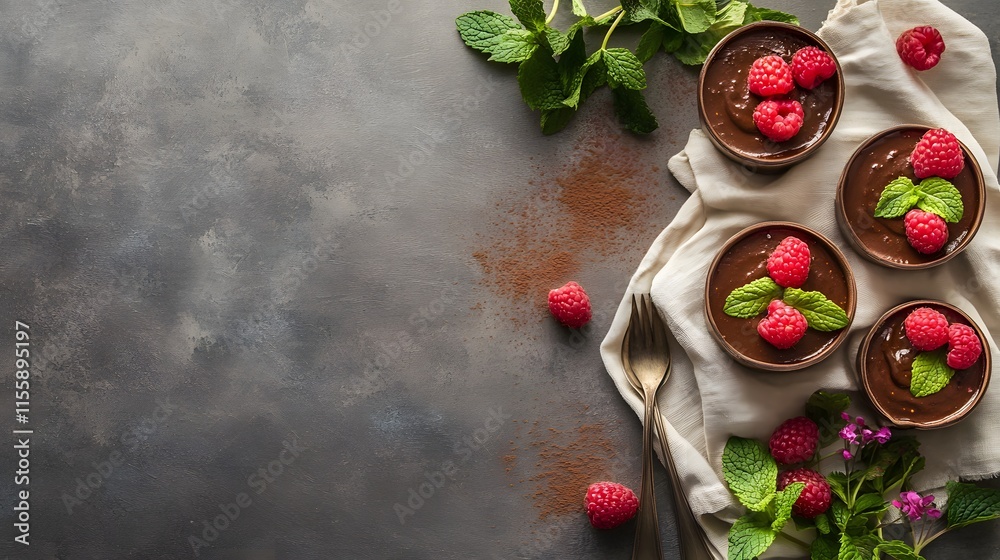 Vegan chocolate mousse cups elegantly arranged on a textured surface with fresh raspberries and mint leaves Vegan chocolate mousse cups elegantly arranged on a textured surface with fresh raspberries and mint leaves