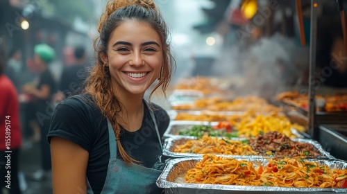 Night market bustling with food stalls and vibrant lanterns in a lively Asian...