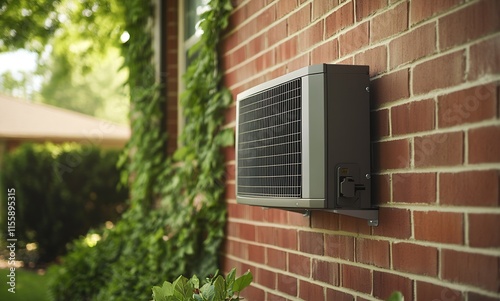 Outdoor Air Conditioner Unit on Brick Wall for Home Energy Efficiency and Modern Cooling Solutions : Generative AI photo