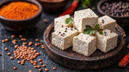 Cubes of fresh tofu with spices on a wooden plate. photo