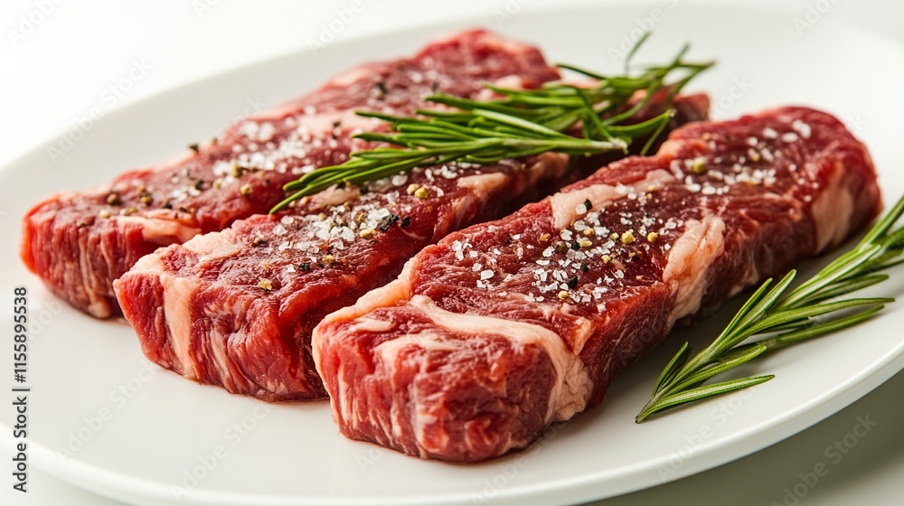 Close-up of three seasoned beef steaks, ready to be cooked Close-up of three seasoned beef steaks, ready to be cooked