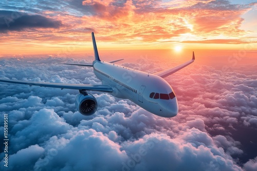 Airplane flying above clouds during sunset with vibrant colors in the sky