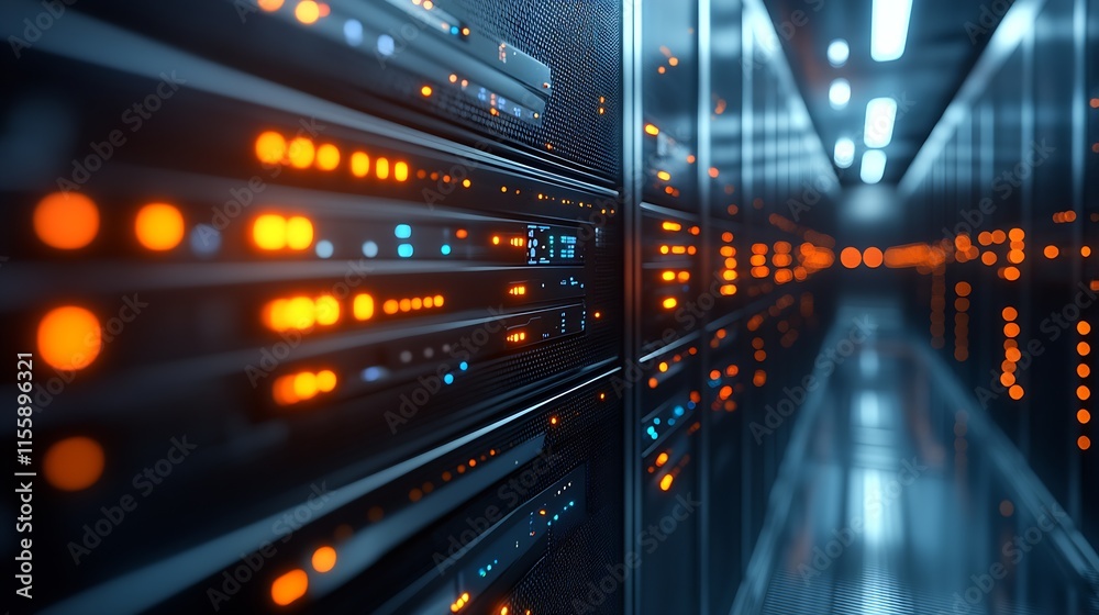 Naklejka premium Corporate server room with high-tech data storage units and orange indicators : Generative AI