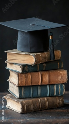 Graduation cap atop a stack of vintage books in a cozy study space