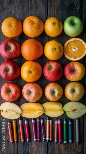 Arrangement of colorful fruits and crayons on a wooden surface for creative e...