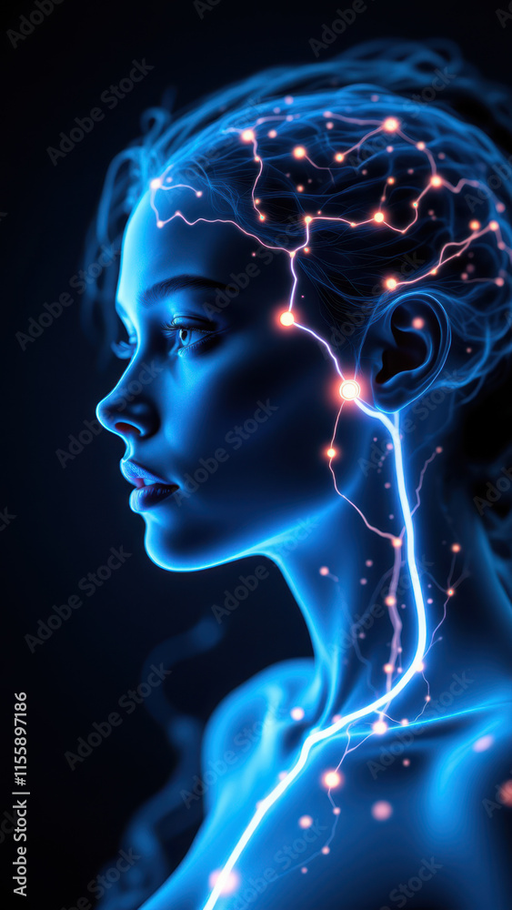 Image of a woman with Vagus Nerve Stimulation (VNS) using blue electric energy lines to represent nerve pathways. Image of a woman with Vagus Nerve Stimulation (VNS) using blue electric energy lines to represent nerve pathways.