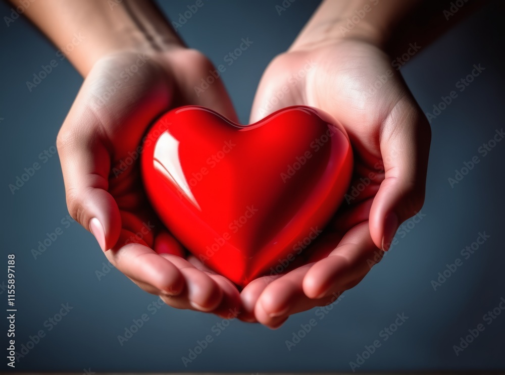 Hands holding a shiny red heart symbolizing love and compassion in a dark background environment. Valentines day background Hands holding a shiny red heart symbolizing love and compassion in a dark background environment. Valentines day background