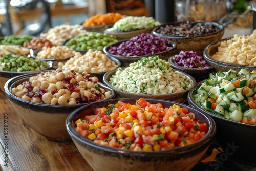 Colorful assortment of fresh salads at a buffet near a vibrant market