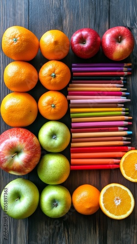Arrangement of colorful fruits and crayons on a wooden surface for creative e...