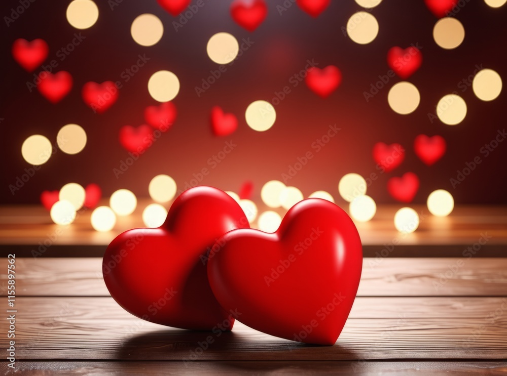 Decorative red hearts on a wooden table with soft glowing lights creating a romantic atmosphere for a special occasion. Valentines day background Decorative red hearts on a wooden table with soft glowing lights creating a romantic atmosphere for a special occasion. Valentines day background
