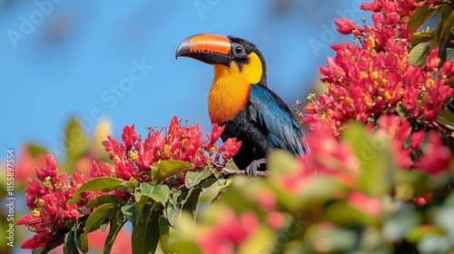 Colorful toucan perched on vibrant flowers under a clear blue sky in a tropic...